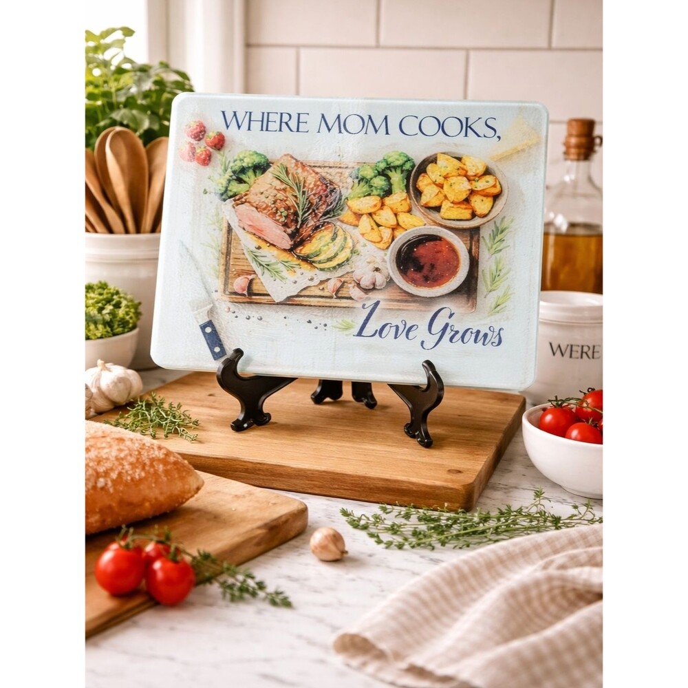 Where Mom Cooks Hand Crafted Glass Cutting Board - NIB